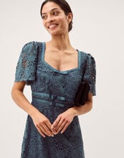 Regina Short Sleeve Lace Midi Dress, Blue (PETROL), large