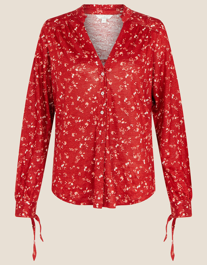 Floral Print Long Sleeve Linen Top, Red (RED), large