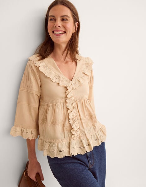Petra Embroidered Ruffle Blouse, Camel (CAMEL), large