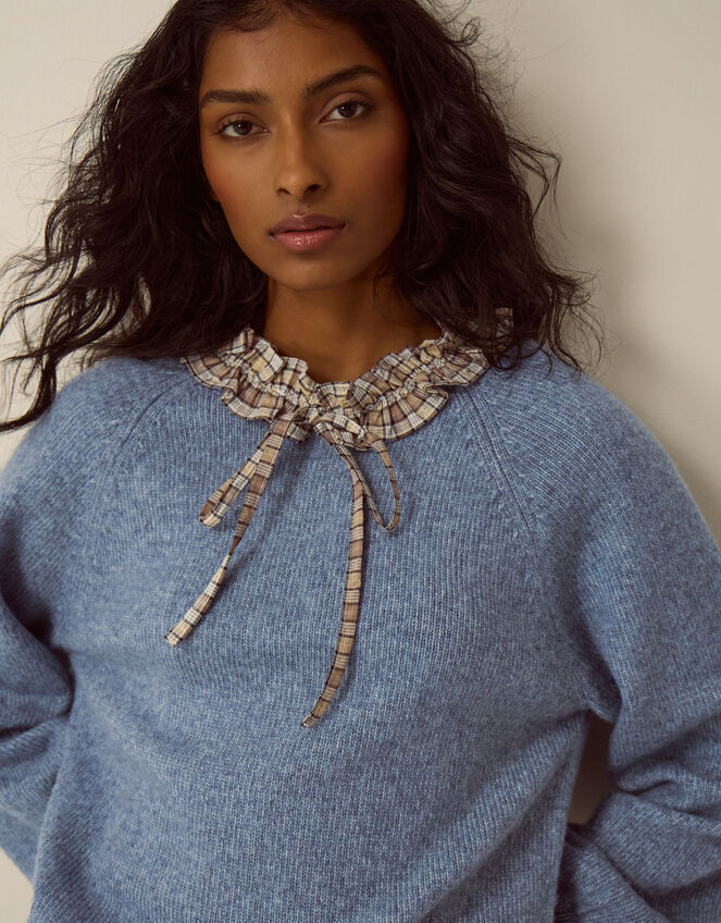 Corie Plaid Ruffle Collar Sweater, Blue (BLUE), large
