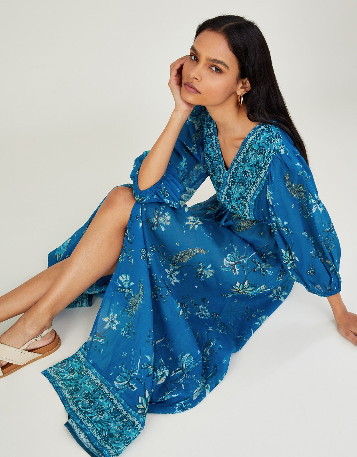 Floral Print Border Maxi Dress in Sustainable Cotton Blue