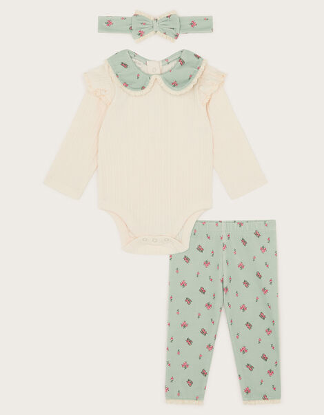 Newborn Floral Bodysuit Leggings and Headband Set, Green (GREEN), large