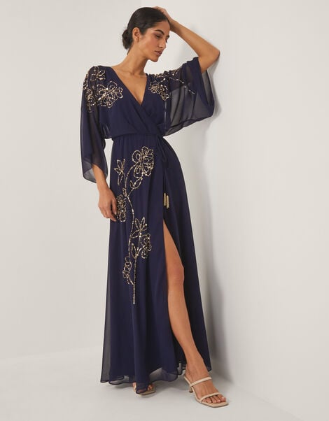 Skyla Floral Embellished Maxi Wrap Dress, Blue (NAVY), large