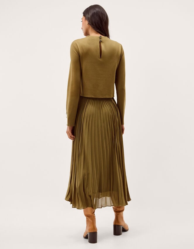 Penny Pleated Midi Dress, Green (OLIVE), large