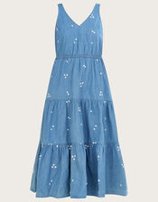 Denim Embroidered Midi Sundress, Blue (BLUE), large