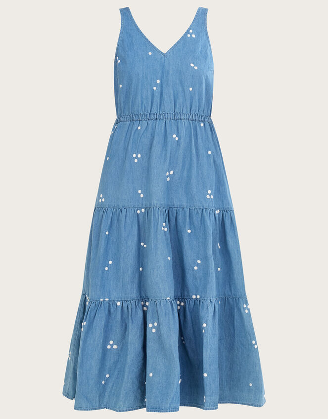 Denim Embroidered Midi Sundress, Blue (BLUE), large