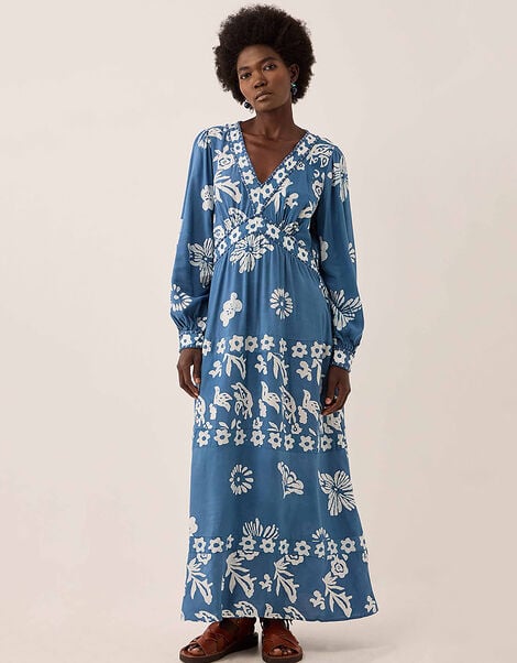 East Kris Hand-Batik Floral Maxi Dress, Blue (DARK BLUE), large