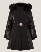 Shine Panel Belted Coat, Black (BLACK), large