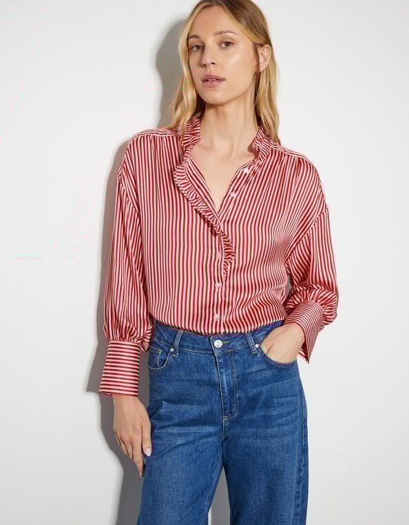 Nancy Ruffle Satin Candy Stripe Blouse, Red (RED), large
