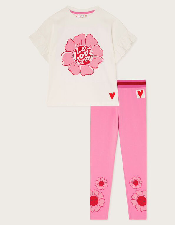 Frilly Flower T-Shirt and Leggings Set, Pink (PINK), large