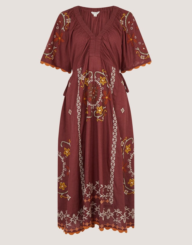 Greta Short Sleeve Embroidered Midi Dress, Brown (BROWN), large