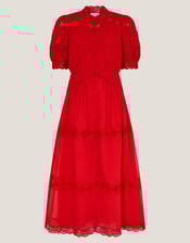 Kiana Pintuck Puff-Sleeve Midi Dress, Red (RED), large