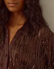 Shelby Sequin Fringe Satin Shirt, Brown (CHOCOLATE), large