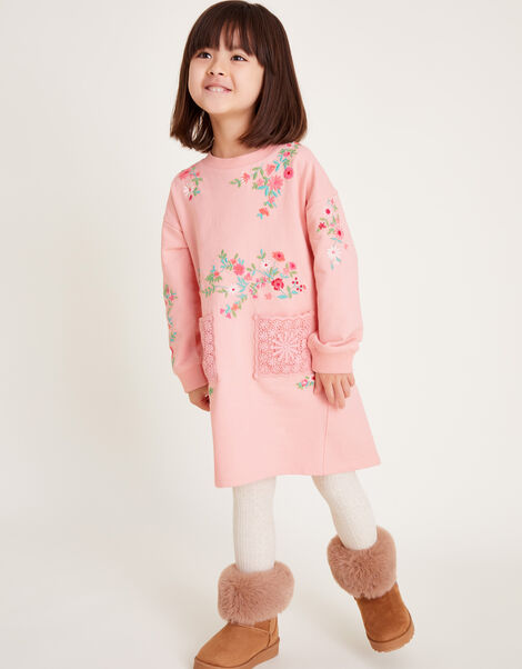 Floral Embroidered Sweatshirt Dress, Pink (PINK), large