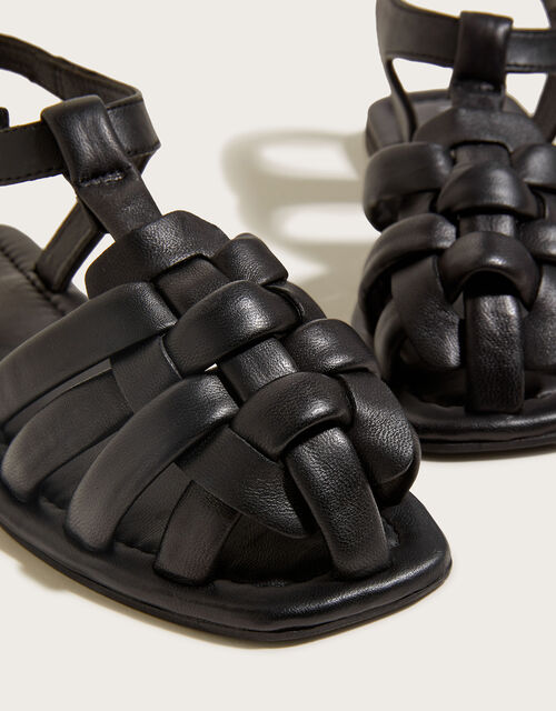 Leather Strap Covered Sandals, Black (BLACK), large