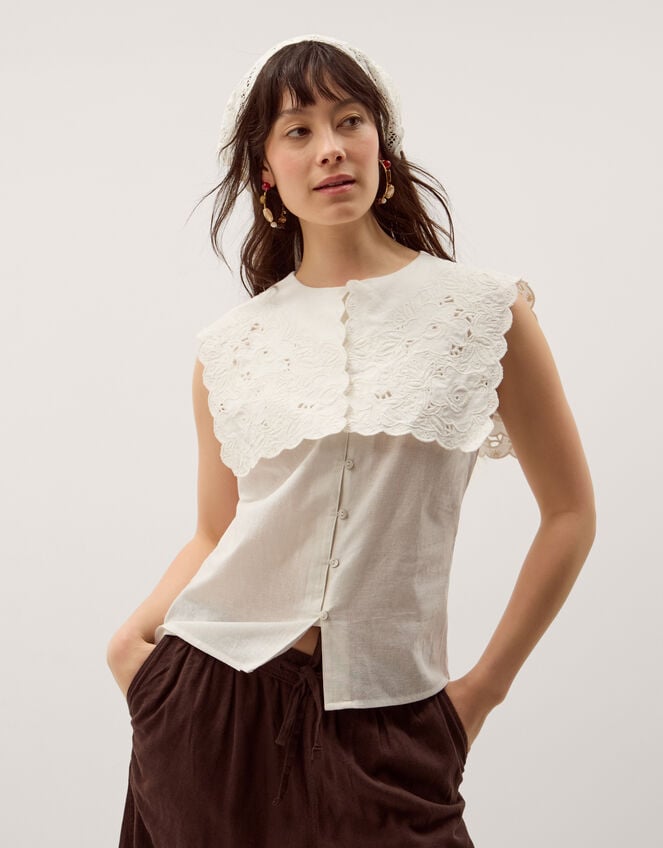 Lexi Sleeveless Embroidered Linen Blend Top, Ivory (IVORY), large