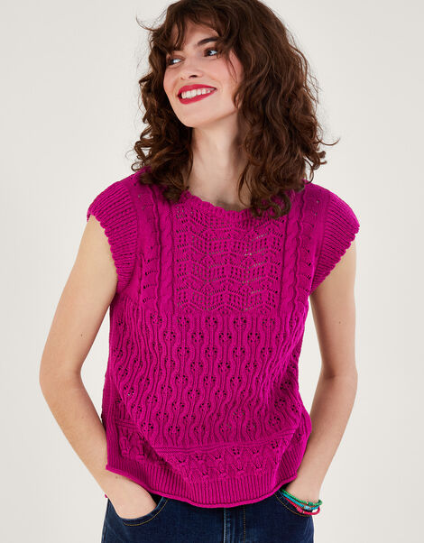 Multi Stitch Pointelle Knitted Vest Pink, Pink (PINK), large