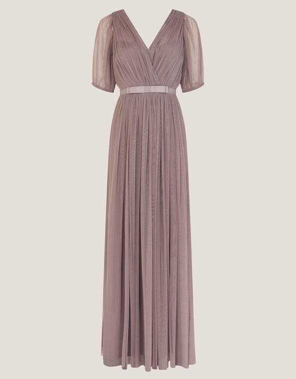 Ellie Sheer Sleeve Plunge Tulle Maxi Dress, Mink (MINK), large