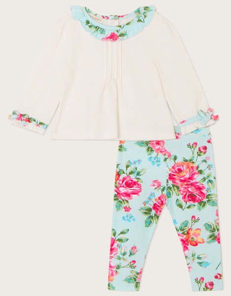Newborn Floral Jersey Collar Top and Print Leggings Set, Blue (AQUA), large