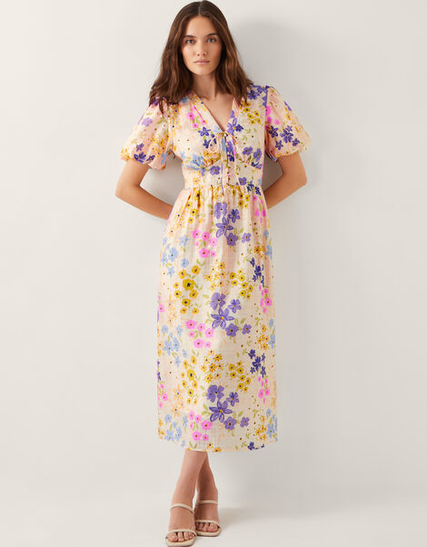 Madeline Floral Midi Dress, Ivory (IVORY), large
