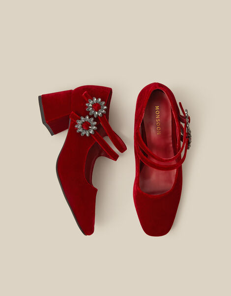 Symone Velvet Mary Jane Block Heels, Red (RED), large