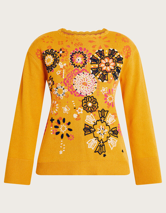 Floral Embroidered Sweater, Yellow (OCHRE), large