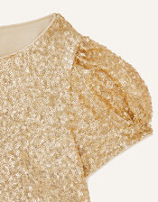 Sequin Puff Sleeve Top, Gold (GOLD), large