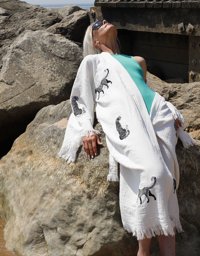 Meraki Beach Wild Leopard Kimono Robe, Cream (CREAM), large