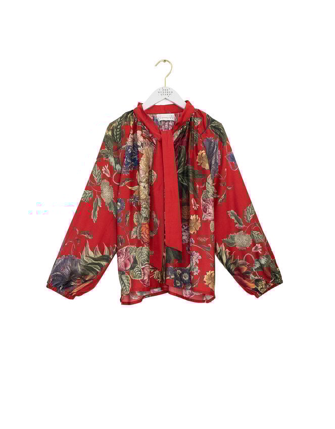 One Hundred Stars Primula Pussybow Blouse, Red (BERRY), large