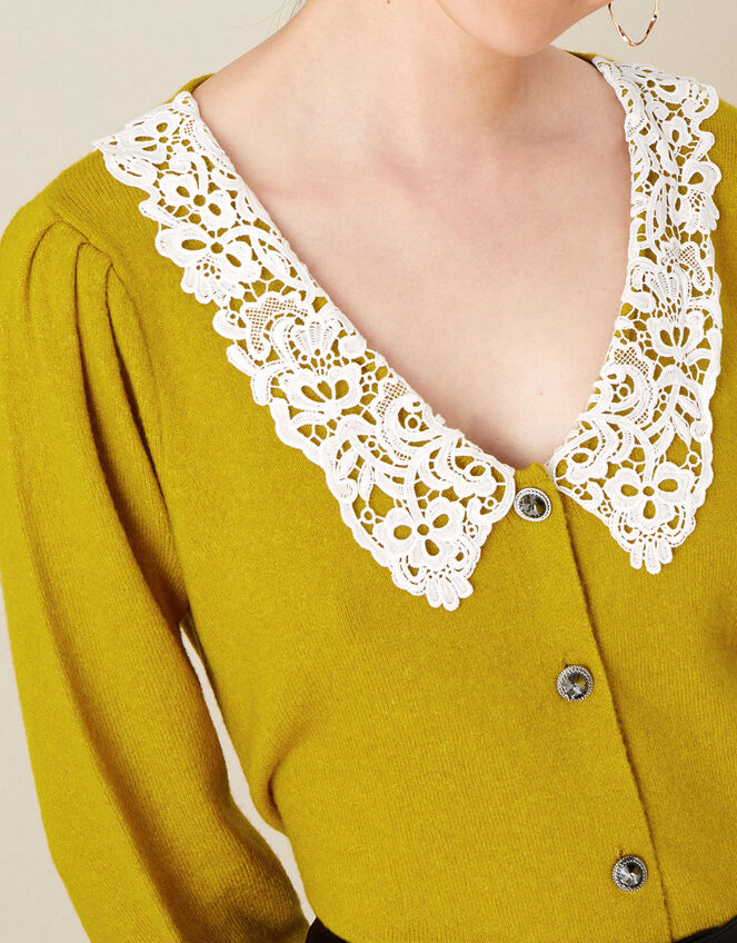 Leila Lace Collar Cardigan, Yellow (OCHRE), large