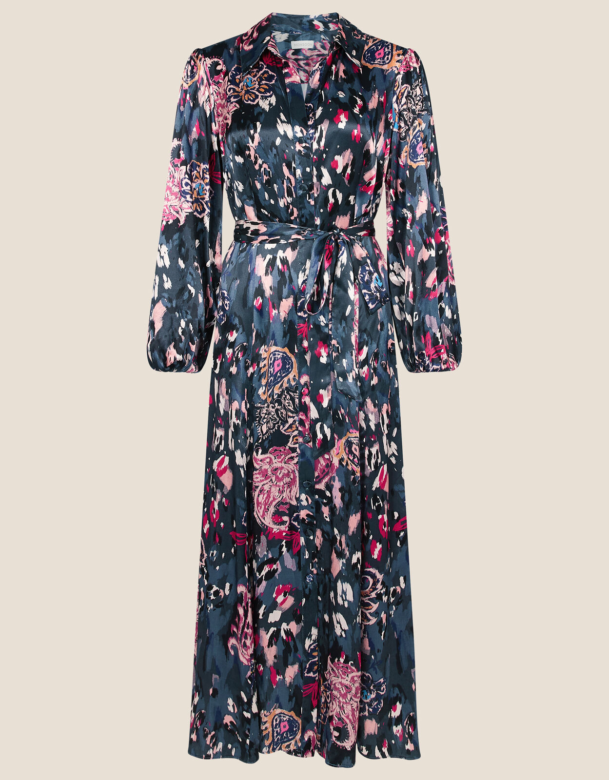 Satin Animal Print Shirt Dress Grey