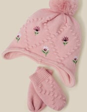 Baby Floral Trapper Hat & Mittens Set, Pink (PINK), large