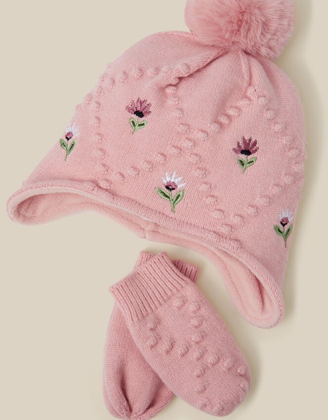 Baby Floral Trapper Hat & Mittens Set, Pink (PINK), large