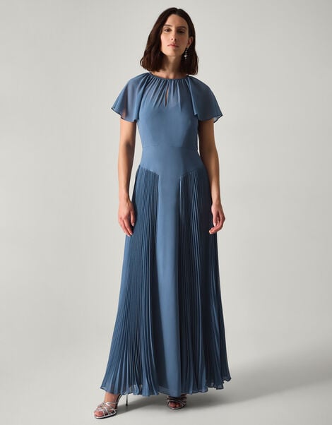 Madison Flutter Sleeve Pleated Bridesmaid Dress, Blue (PETROL), large