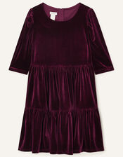 Tiered Velvet Dress, Red (BURGUNDY), large