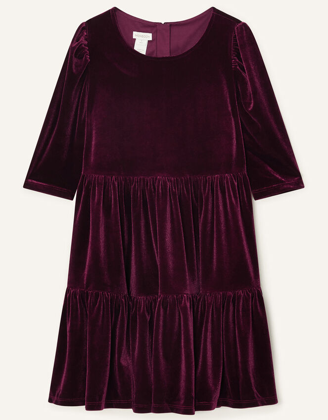 Tiered Velvet Dress, Red (BURGUNDY), large