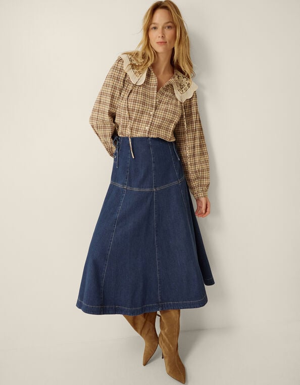 Macy Tie Side Denim Midi Skirt, Blue (MID AUTHENTIC BLUE), large