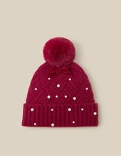 Pearl Bow Bobble Hat, Red (RED), large