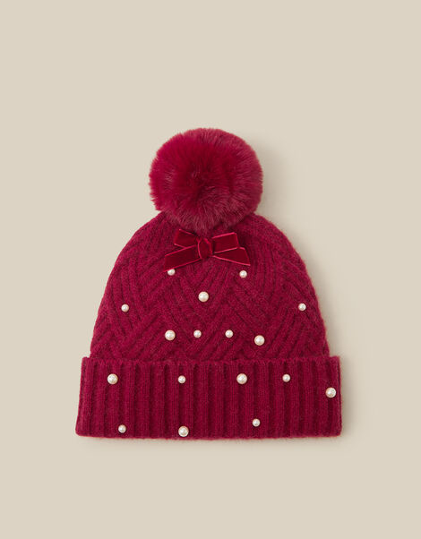 Pearl Bow Bobble Hat, Red (RED), large