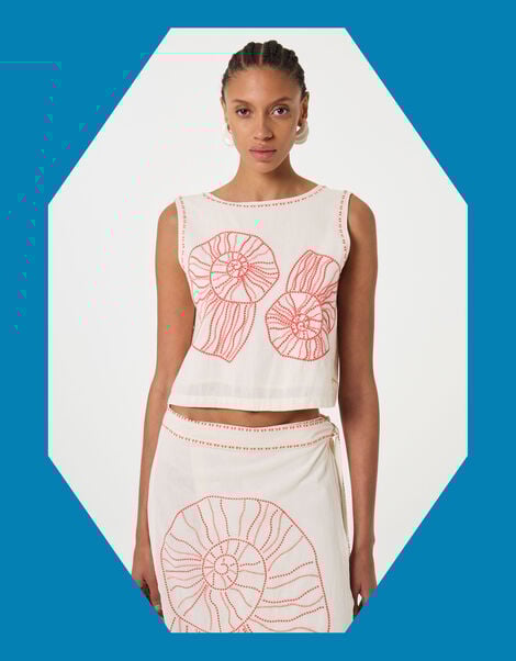 Fabienne Chapot Sansa Shell Embroidered Tie Top, Ivory (IVORY), large