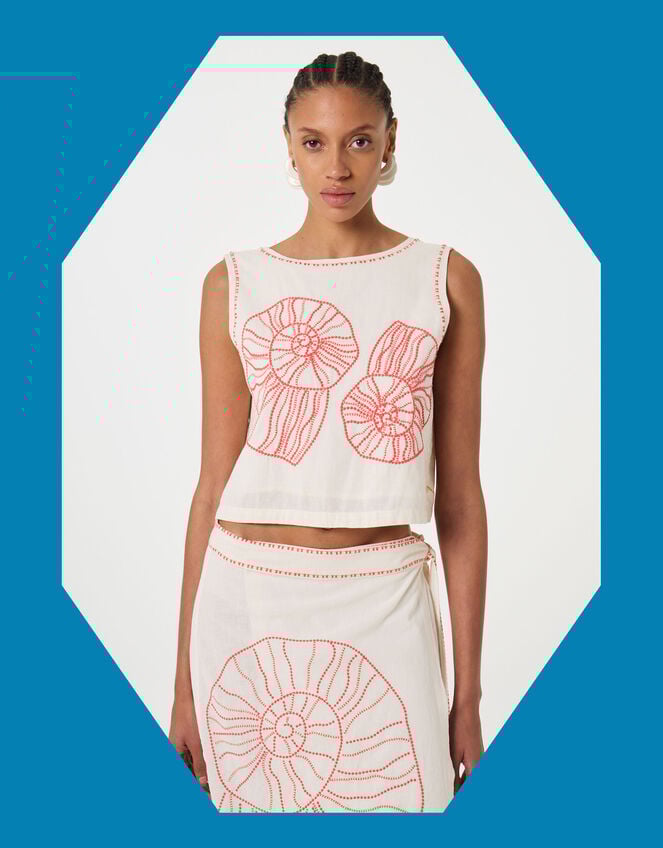 Fabienne Chapot Sansa Shell Embroidered Tie Top, Ivory (IVORY), large
