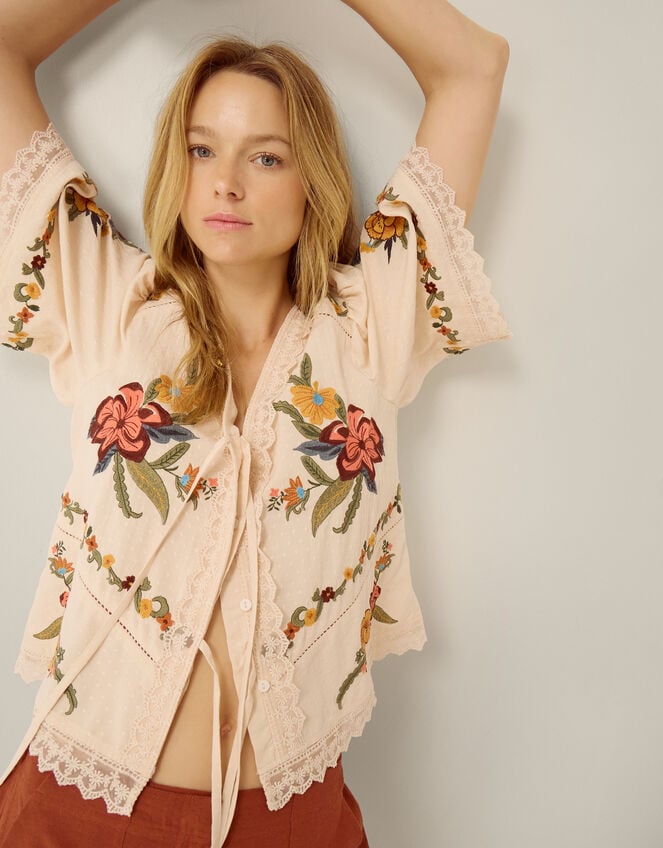 Yvette Embroidered Lace Tie Top, Cream (CREAM), large