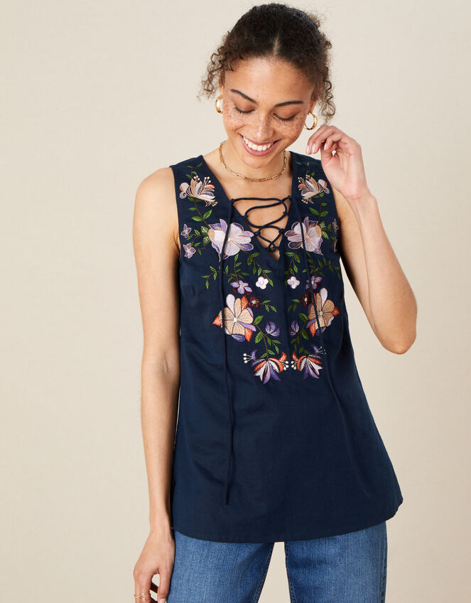 Floral Embroidered Sleeveless Top, Blue (NAVY), large