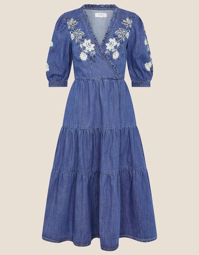 Dianna Denim Embroidered Wrap Dolly Dress, Blue (DENIM BLUE), large