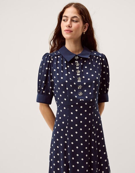 Kate Puff Sleeve Polka Dot Midi Dress, Blue (NAVY), large