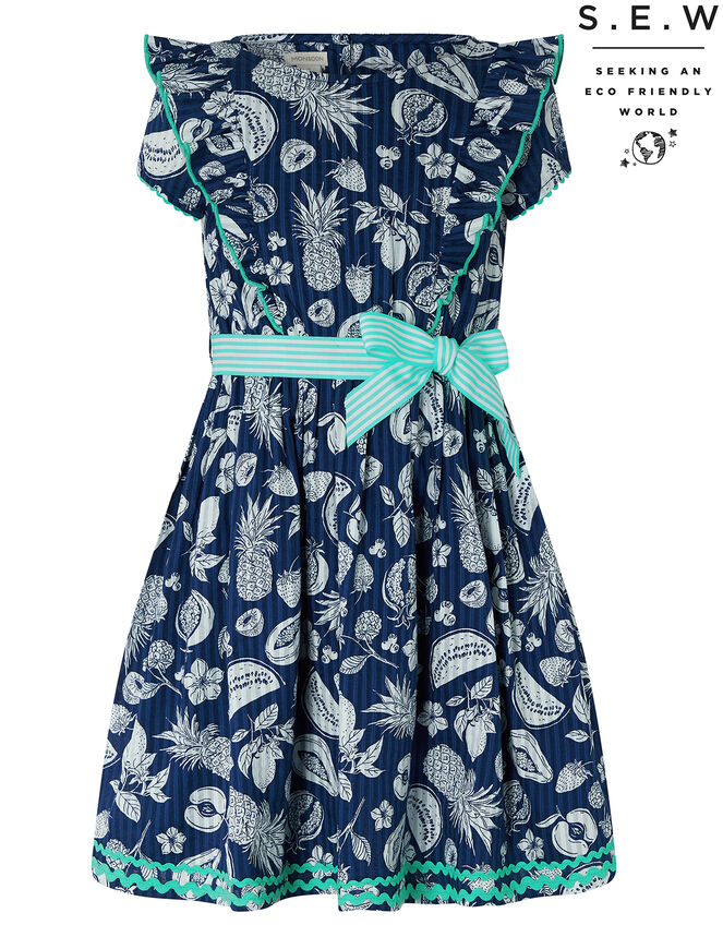 Naomi Fruit Print Dress in Organic Cotton, Blue (NAVY), large