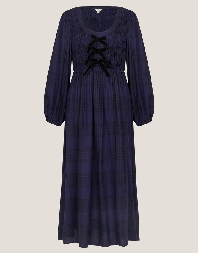 Cassie Check Long-Sleeve Midi Dress, Blue (NAVY), large