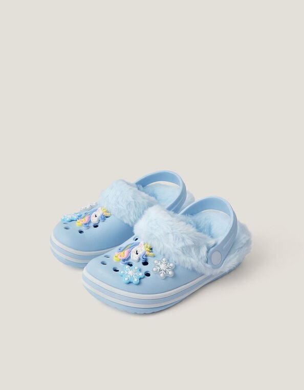 Ice Unicorn Charm Faux Fur Lined Clogs, Blue (BLUE), large