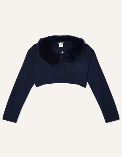 Super-Soft Faux Fur Collar Cardigan, Blue (NAVY), large