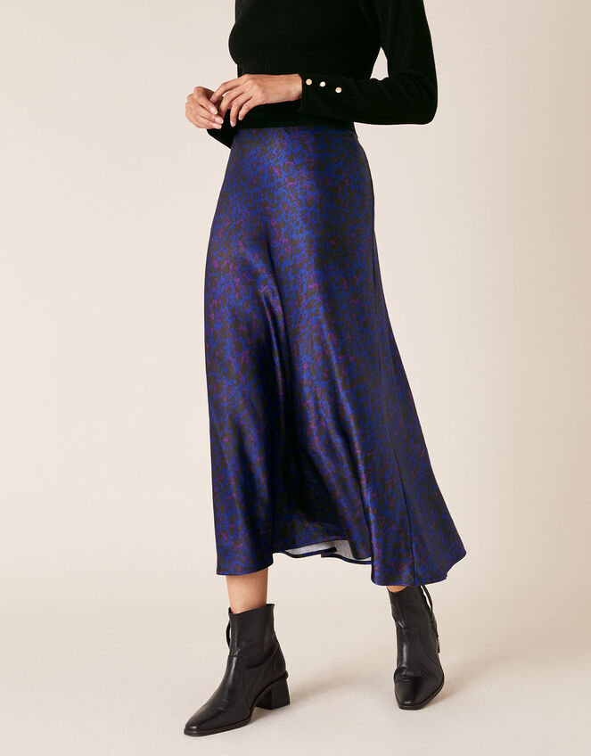 Animal Print Satin Skirt, Blue (BLUE), large